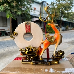 Tượng Decor Hươu Kéo Hồ Lô Ngũ Phúc Đĩa Như Ý Phong Thủy,  Quà Tặng Tân Gia Khai Trương Sinh Nhật