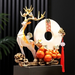Tượng Decor Hươu Kéo Hồ Lô Ngũ Phúc Đĩa Như Ý Phong Thủy,  Quà Tặng Tân Gia Khai Trương Sinh Nhật