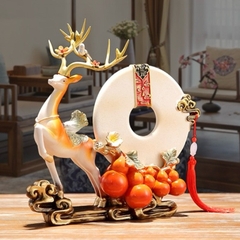 Tượng Decor Hươu Kéo Hồ Lô Ngũ Phúc Đĩa Như Ý Phong Thủy,  Quà Tặng Tân Gia Khai Trương Sinh Nhật