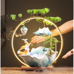 Thác nước phong thủy hươu cam size 52, Đài thưởng Trầm cao cấp phun nước có đèn, Tặng kèm Hương Trầm