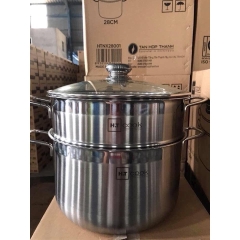 Bộ Nồi Xửng Hấp Inox HT Cook Size 28cm Bộ Nồi 2 Tầng Vung Kính Dày Đẹp Dùng Hấp, Luộc Thực Phẩm