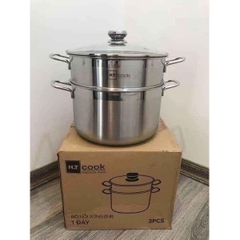 Bộ Nồi Xửng Hấp Inox HT Cook Size 28cm Bộ Nồi 2 Tầng Vung Kính Dày Đẹp Dùng Hấp, Luộc Thực Phẩm