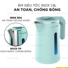 Ấm Siêu Tốc Inox 2 Lớp Sunhouse 1351 Dung Tích 1.8 Lít Bình Đun Siêu Tốc công Suất 1500w, Tự Động Ngắt