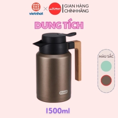 Bình giữ nhiệt quai gỗ 1,5L Hokori ,bình giữ nhiệt lõi thuỷ tinh Hokori Việt Nhật vỏ nhựa nguyên sinh cao cấp