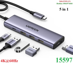 Bộ chuyển đổi USB Type C 5 trong 1 ra HDMI 4K@60Hz, USB-A x3, Sạc PD 100W (CM511) Ugreen 15597