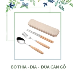 Bộ Đũa, Thìa, Dĩa Inox Cán Gỗ Tặng Kèm Hộp Đựng Lúa Mạch