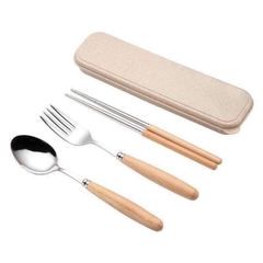 Bộ Đũa, Thìa, Dĩa Inox Cán Gỗ Tặng Kèm Hộp Đựng Lúa Mạch