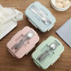 Hộp Cơm Lúa Mạch 1 Tầng 3 Ngăn Kèm Đũa Thìa Inox