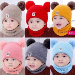 Mũ Len ♥️Freeship♥️ Set Khăn Mũ Len 2 Quả Bông Cho Bé