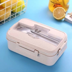 Hộp Cơm Lúa Mạch 1 Tầng 3 Ngăn Kèm Đũa Thìa Inox