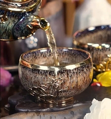 Ấm Chén Mạ Vàng 24K Men Ngọc Vương Giả – Kiệt Tác Thủ Công Thượng Lưu Kèm Hộp Lụa Cao Cấp