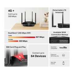 Bộ phát Router Mercusys AC1200 Gigabit Băng Tần Kép Hỗ Trợ 4G+ Cat6 MB235-4G