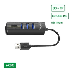 Bộ Chia USB2.0 ra 3 cổng USB2.0 + Đầu Đọc Thẻ (SD+TF 2 TRONG 1) - V-C303