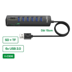Bộ Chia/ Hub USB2.0 ra 6 cổng USB2.0 + Đầu Đọc Thẻ (SD+TF 2 in 1) - V-C306