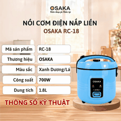 Nồi Cơm Điện OSAKA RC-18 Dung Tích 1.8L, Lòng Nồi Dập Tổ Ong Tráng Men Chống Dính, Tặng Kèm Khay Hấp