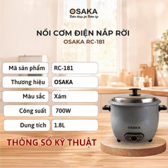 Nồi Cơm Điện OSAKA RC-181 Dung Tích 1.8L  Công Suất 700W - Lòng Nồi Chống Dính Nắp Inox 304