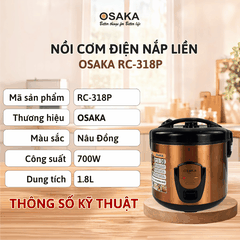 Nồi Cơm Điện OSAKA RC-318P Dung Tích 1.8L, Công Nghệ Nấu 3D, Lòng Nồi Dập Tổ Ong - Tráng Men Chống Dính