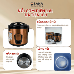 Nồi Cơm Điện OSAKA RC-318P Dung Tích 1.8L, Công Nghệ Nấu 3D, Lòng Nồi Dập Tổ Ong - Tráng Men Chống Dính