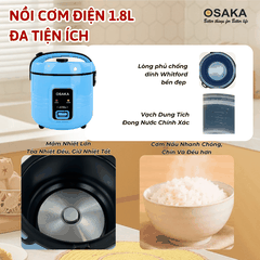 Nồi Cơm Điện OSAKA RC-18 Dung Tích 1.8L, Lòng Nồi Dập Tổ Ong Tráng Men Chống Dính, Tặng Kèm Khay Hấp