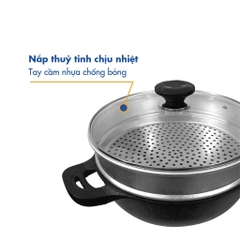 Chảo đá Chống dính Bếp từ đa năng, 2 quai có Xửng hấp Korea King Hàn Quốc KW-32MSI - Dùng được tất cả các loại bếp