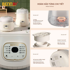 Nồi Nấu Cháo, Chưng Yến, Hầm Cách Thuỷ Bennix BN-10SLC dung tích 1 Lít Kèm Xửng Hấp