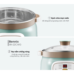 Nồi Nấu Chậm Bennix BN-22CWG, 2.2L - Có Xửng Hấp Ninh xương, hầm thịt, nấu cháo, chưng yến...
