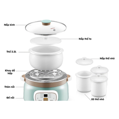 Nồi Nấu Chậm Bennix BN-22CWG, 2.2L - Có Xửng Hấp Ninh xương, hầm thịt, nấu cháo, chưng yến...