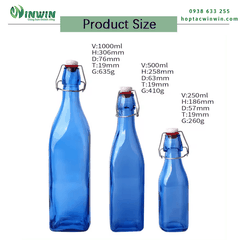 Chai thủy tinh nắp gài màu xanh dương 250ml 500ml 1000ml