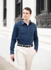 Áo Polo Nam Dài Tay Dệt Thoi Cotton Lụa SYD - Navy