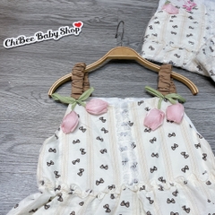 V456-Váy đũi tulip 2 dây nơ nâu (20.25kg)