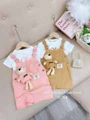 G081-Set áo cotton yếm gấu hồng đại