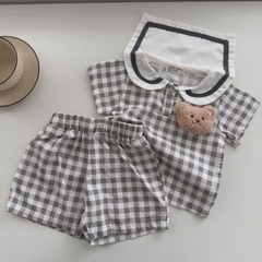 BD166-Set thuỷ thủ kẻ cotton kèm gấu (04.14kg)