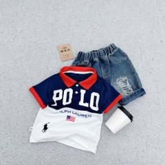 T277-Set POLO cổ bẻ phối xanh đỏ quần jean