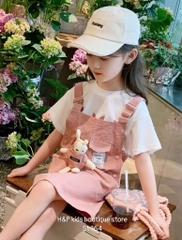 G081-Set áo cotton yếm gấu hồng đại