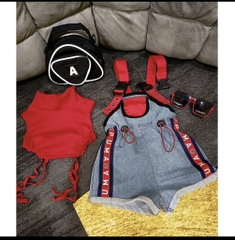 G089-Set yếm 2 dây jean đỏ cá tính