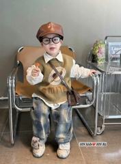 T276-Set sơ mi gile nâu mặt cười quần jean