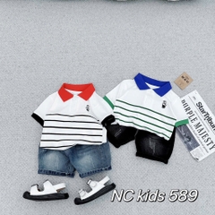 T282-Set áo cổ bẻ sọc gấu quần jean