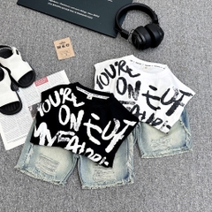 T160-Set sát nách in chữ loang quần jean rách (10-26kg)