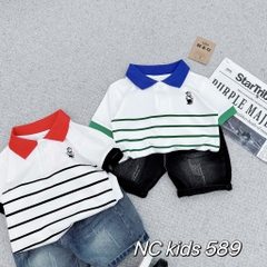 T282-Set áo cổ bẻ sọc gấu quần jean