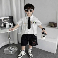 T597-Set sơ mi kẻ cà vạt q lửng đen (10.18kg)