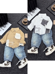 T247-Set sơ mi đũi túi hộp quần baggy jean