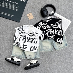 T160-Set sát nách in chữ loang quần jean rách (10-26kg)