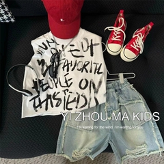 T160-Set sát nách in chữ loang quần jean rách (10-26kg)