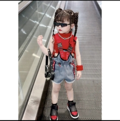 G089-Set yếm 2 dây jean đỏ cá tính