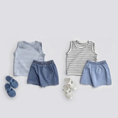 T317-Set áo balo kẻ quần đùi jean mềm