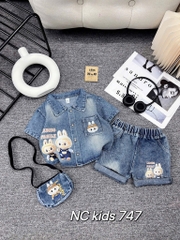 T309-Set sơ mi jean đùi Labubu kèm túi