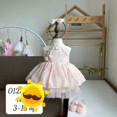 BD121-Set váy hồng loang cổ tàu kèm nơ