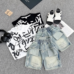 T160-Set sát nách in chữ loang quần jean rách (10-26kg)