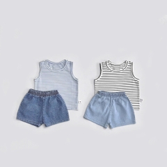 T317-Set áo balo kẻ quần đùi jean mềm
