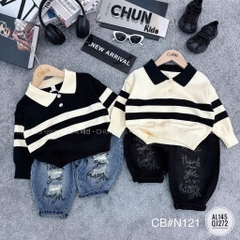 T245-Set áo nỉ kẻ cổ bẻ quần jean baggy